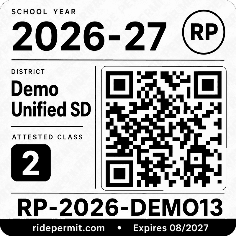RidePermit physical sticker — School Year 2026-27, Encinitas Union SD, permit EUSD-04417, bike class 2, with QR scan-to-verify code